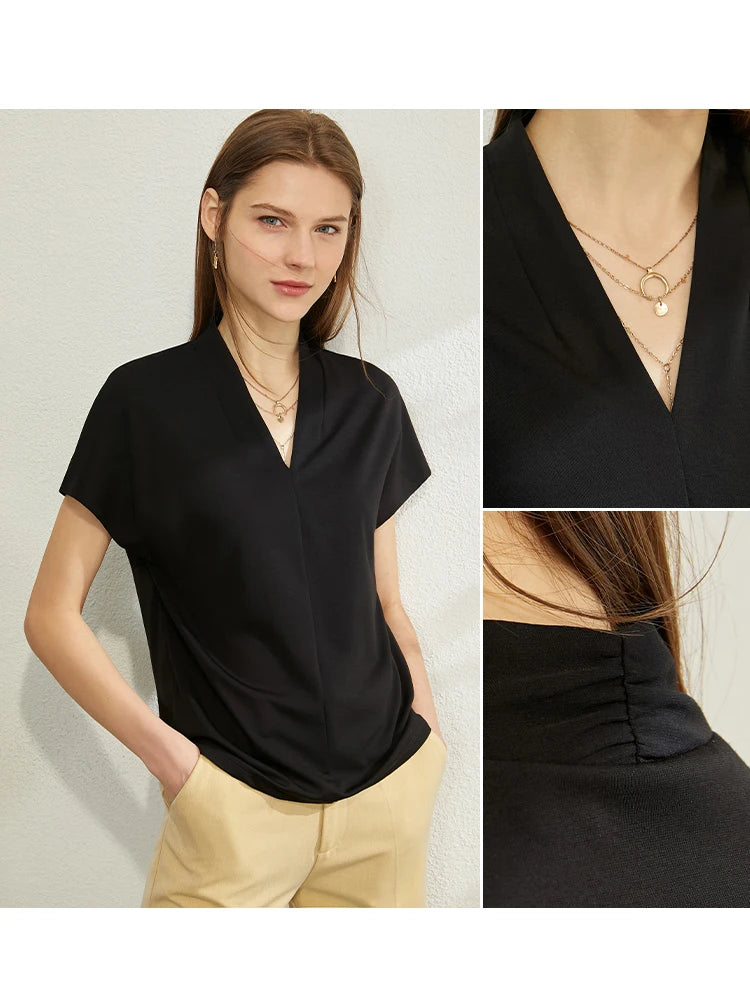 AMII Minimalism 2026 Summer Women's T-shirt Classic Style Casual V-neck Short Sleeve Solid Stretch Female Tops & Tees 12312013