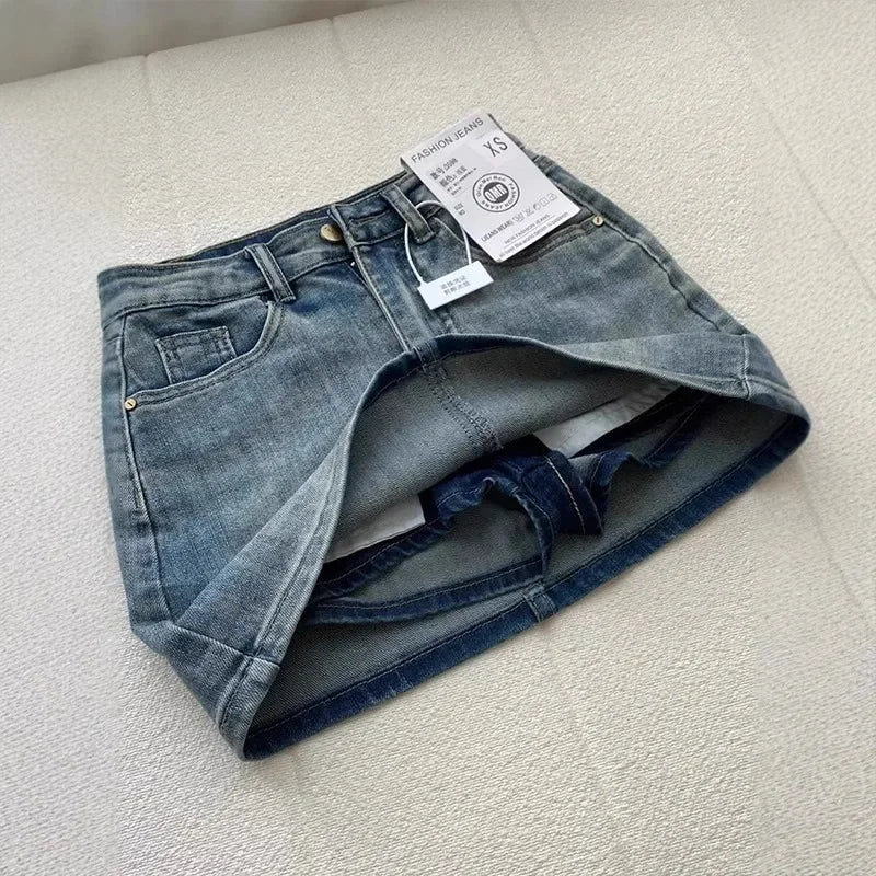 Sexy Retro Denim Skirt Women Anti-Light High Waist A-Line Slimming American Hot Girl Wrap Body Skirt Summer Fashion Mini Skirt