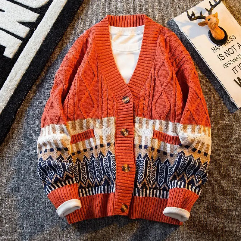 2023 New Autumn and Winter Retro Patchwork Diamond V-neck Color Matching Loose and Handsome Casual Knitted Cardigan for Men