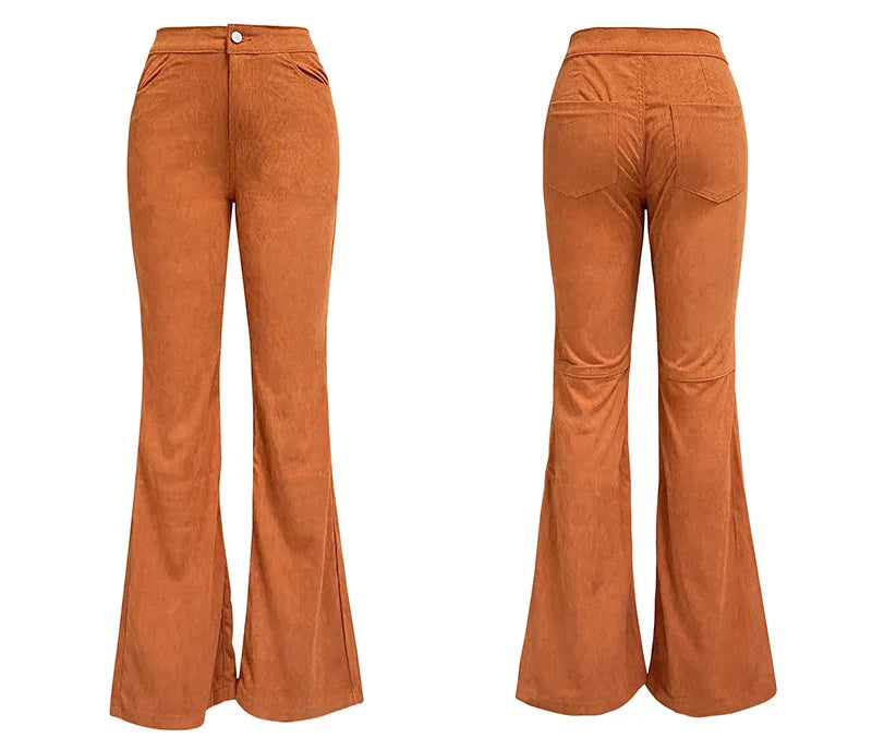 Fashionable Retro Women's Slightly Flared Pants Autumn And Winter Solid Color High Waist Button Slim Pants For Dating And Office