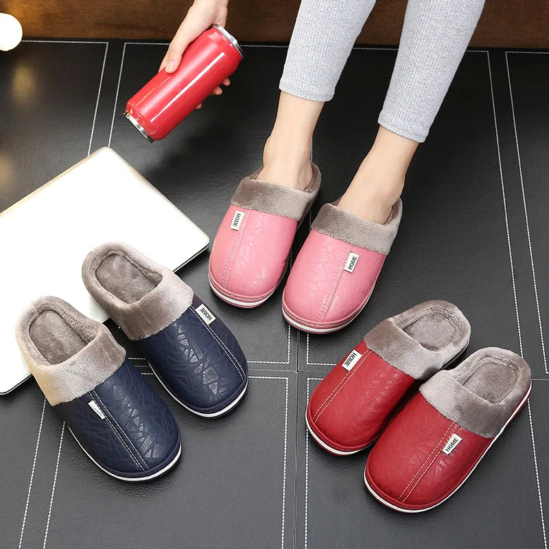 Big Size 50-51 Men Slippers Winter PU Leather Warm Indoor Waterproof Home Furry Flats Couples Slides Bedroom Non Slip Shoes