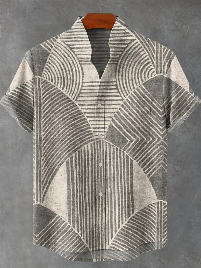 Men's Vintage Art Shirt Vintage Abstract Geometry World Tree Print Short Sleeve Linen Casual Shirt Men's Holiday
