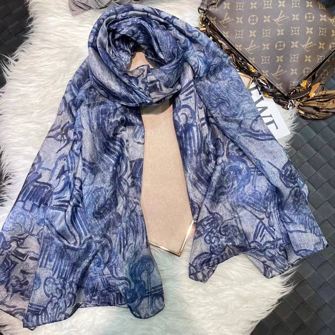 100% Mulberry Silk Scarf Shawl Brand Plum Bossom Design Blue Green Summer Beach Silk Shawls Scarfs Fall Winter Neck Head Scarf