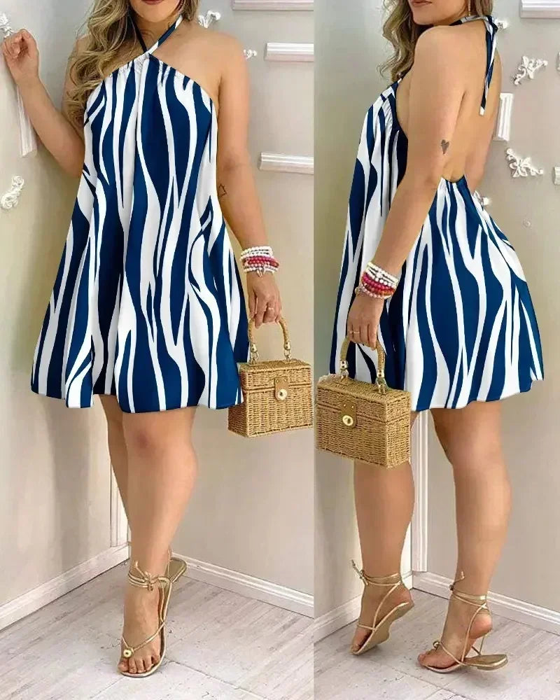 Ladies Halter Neck Sleeveless Mini Dress Striped Print Loose Casual Beach Vacation Dress