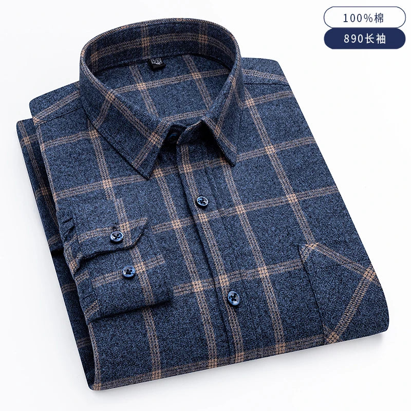 Pure Cotton Men's Plaid Shirt Long Sleeve Regular Fit Men Casual Oversized Shirt Leisure Autumn Spring Male Blouse New Plus Size