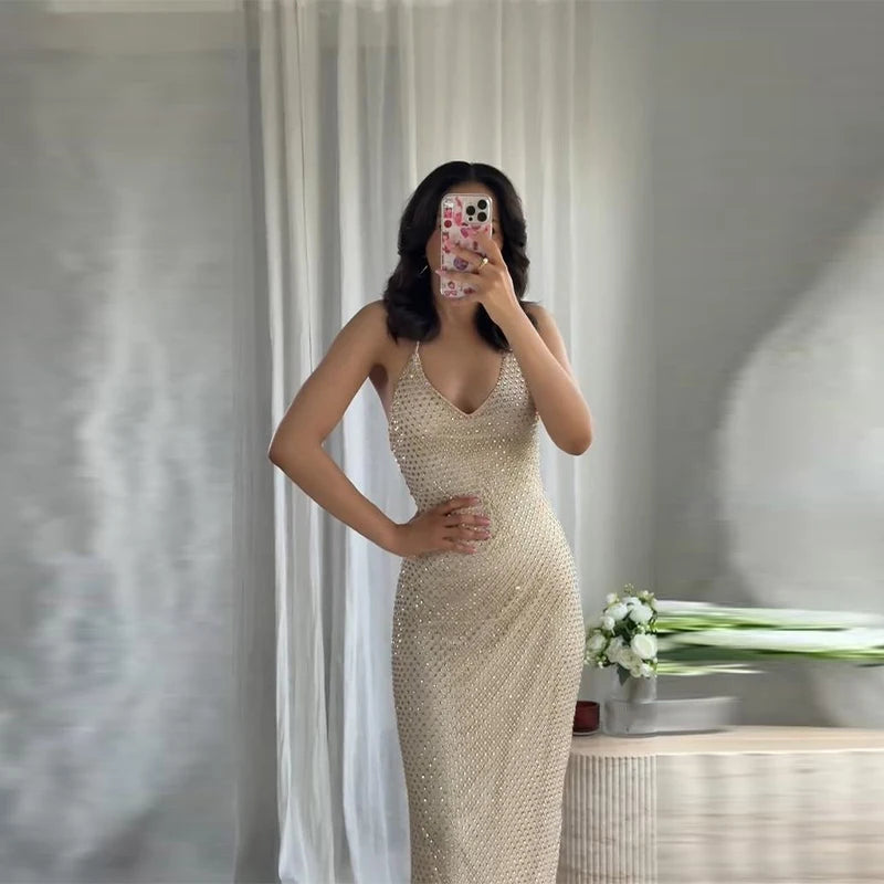 Sexy Diamond Halter Dress Women Shinny Sleeveless Backless V-neck Slim A-line Dresses Female 2026 Spring Summer Party Lady Robes