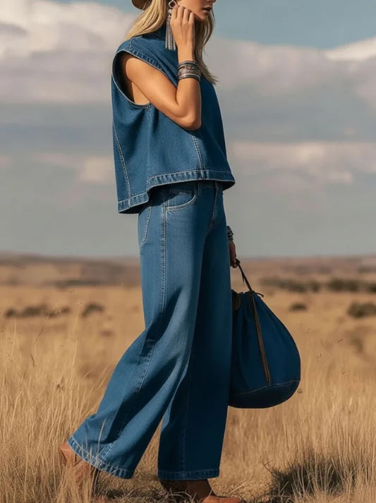 Wide-leg Denim Vest Pants Set 2026 Women Summer Outfit Sleeveless Top Trousers Set Casual Women Outfit Party Wear Two-piece Set