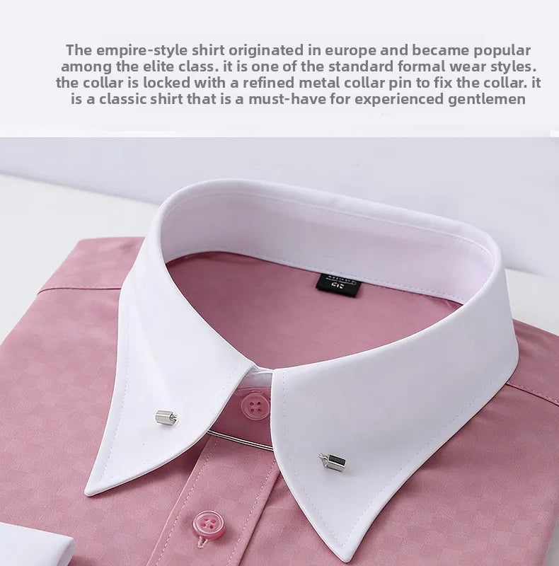 Embroidered French Cufflinks Men's Long-Sleeve Shirt with Collar Pins No tie Big Collar Dress Shirt for Business Formal Gentlema