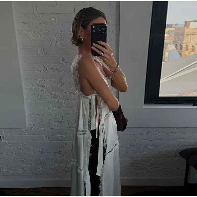 Fashion Solid Lace Patchwork Women's Dress Sleeveless High Side Split Lace Up Hollow Out Sling Dresses 2026 Summer Female Robe