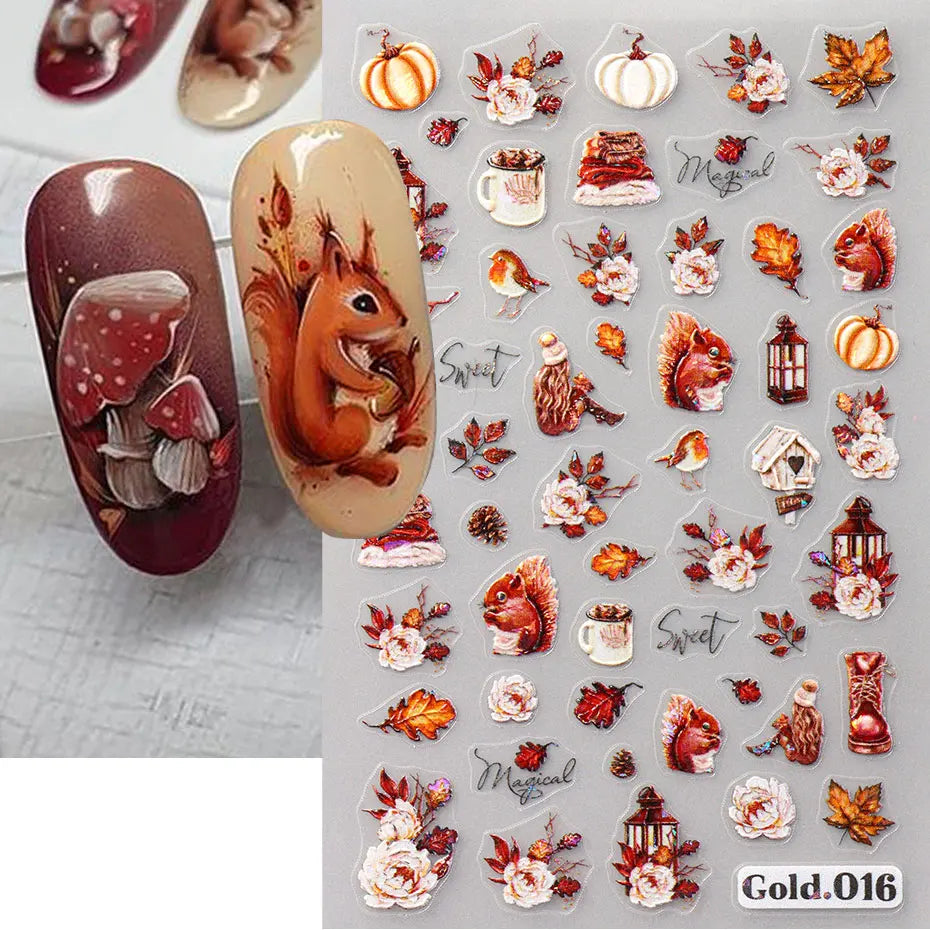 2/4pcs 5D Laser Autumn Bird Decals Fall Embossed Maple Leaves Squirrel Nail Sticker Fruits Flower Engraved Charm Manicure Decor