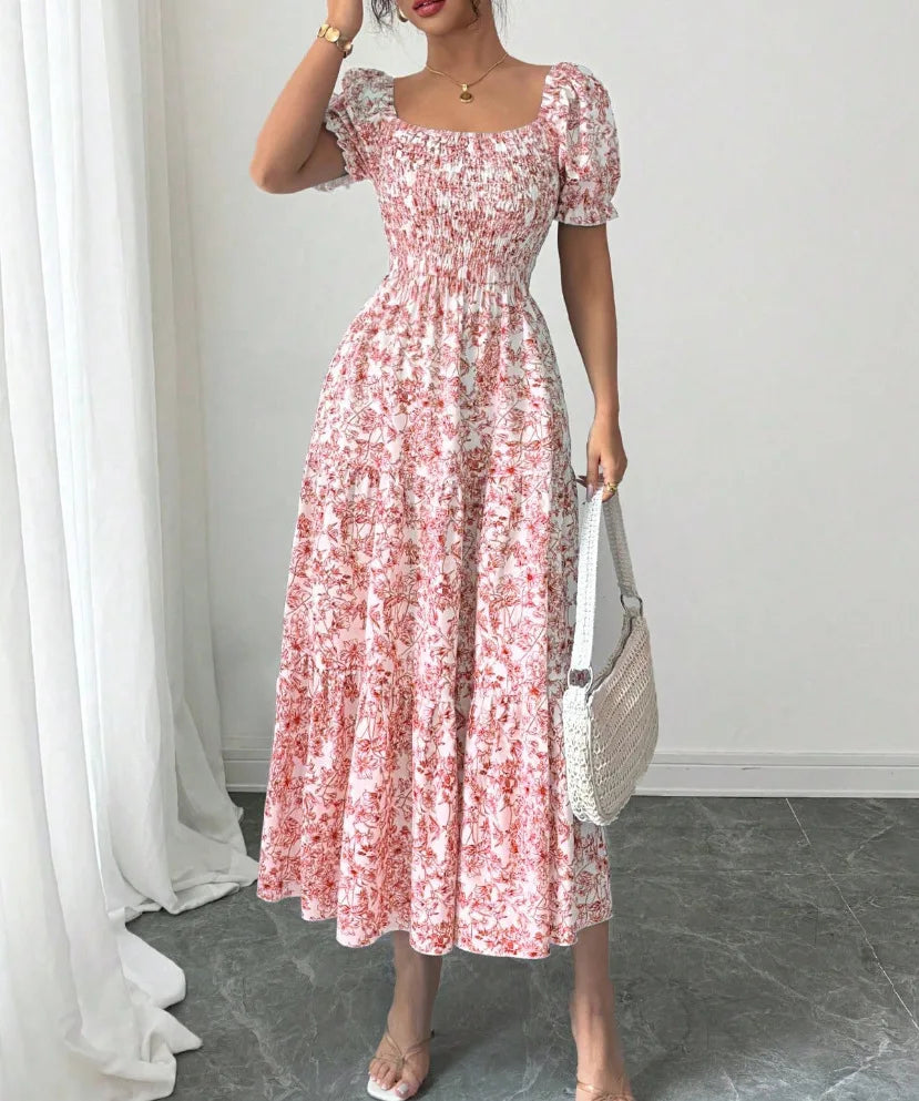 Spring and Autumn Women's Square Neck Short Sleeve Long Skirt Fresh Printed Casual Fashion Slight Backless Temperament Dress