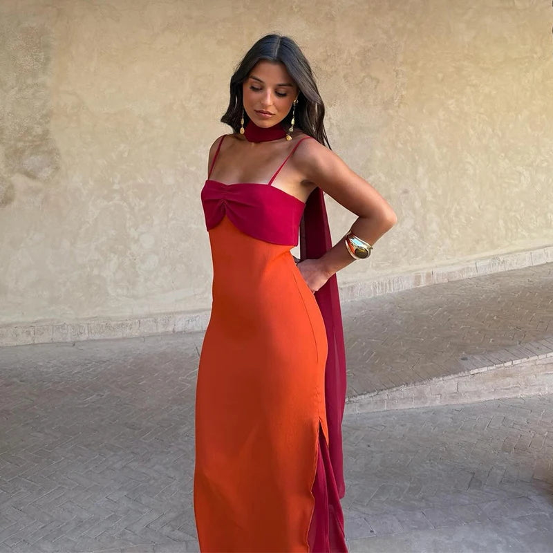 Color Block Twist Bust Slit Maxi Dress Spaghetti Strap Form-Fitting 2026 Summer Fashion Chic Bold Women Wedding Guest Gala Dress