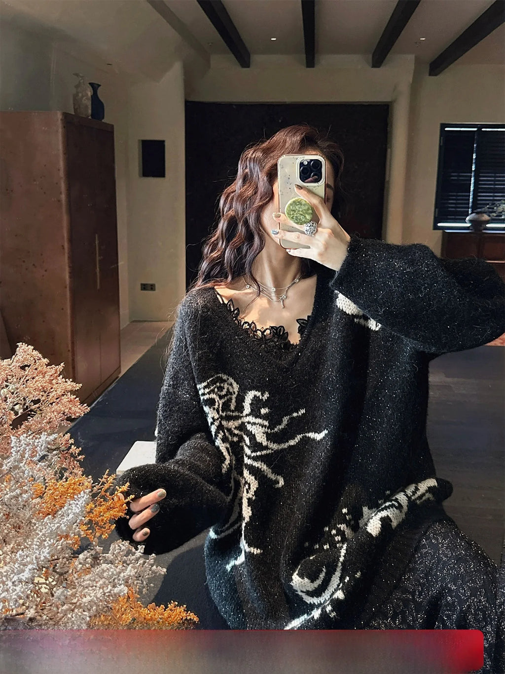 Sanji Bla Flower New Chinese Sle Gold Tead Alpaca Yarn V-ne Sweater Women's Winter Top Warmth Feat Long Sve Crew Ne