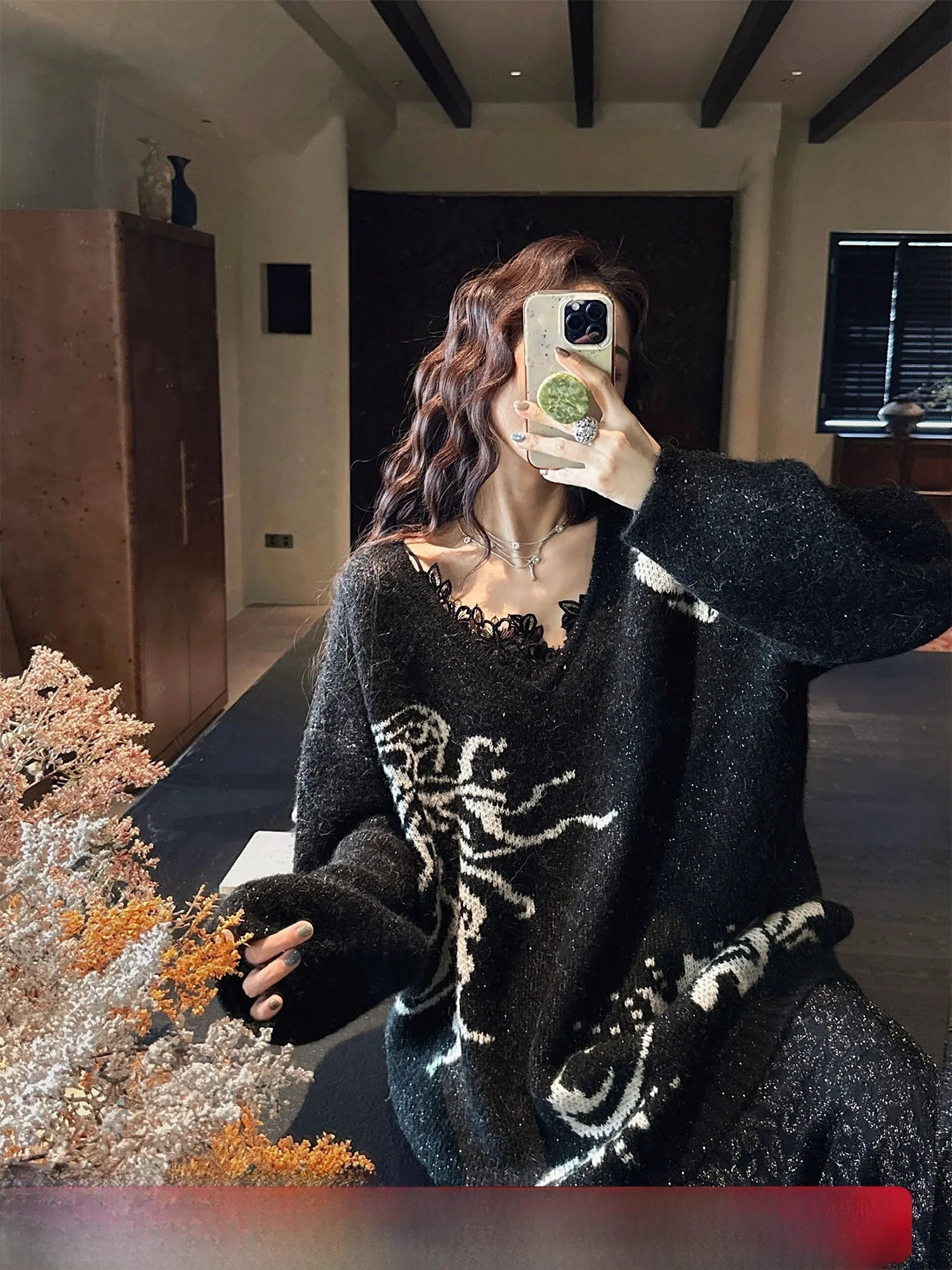 Sanji Bla Flower New Chinese Sle Gold Tead Alpaca Yarn V-ne Sweater Women's Winter Top Warmth Feat Long Sve Crew Ne