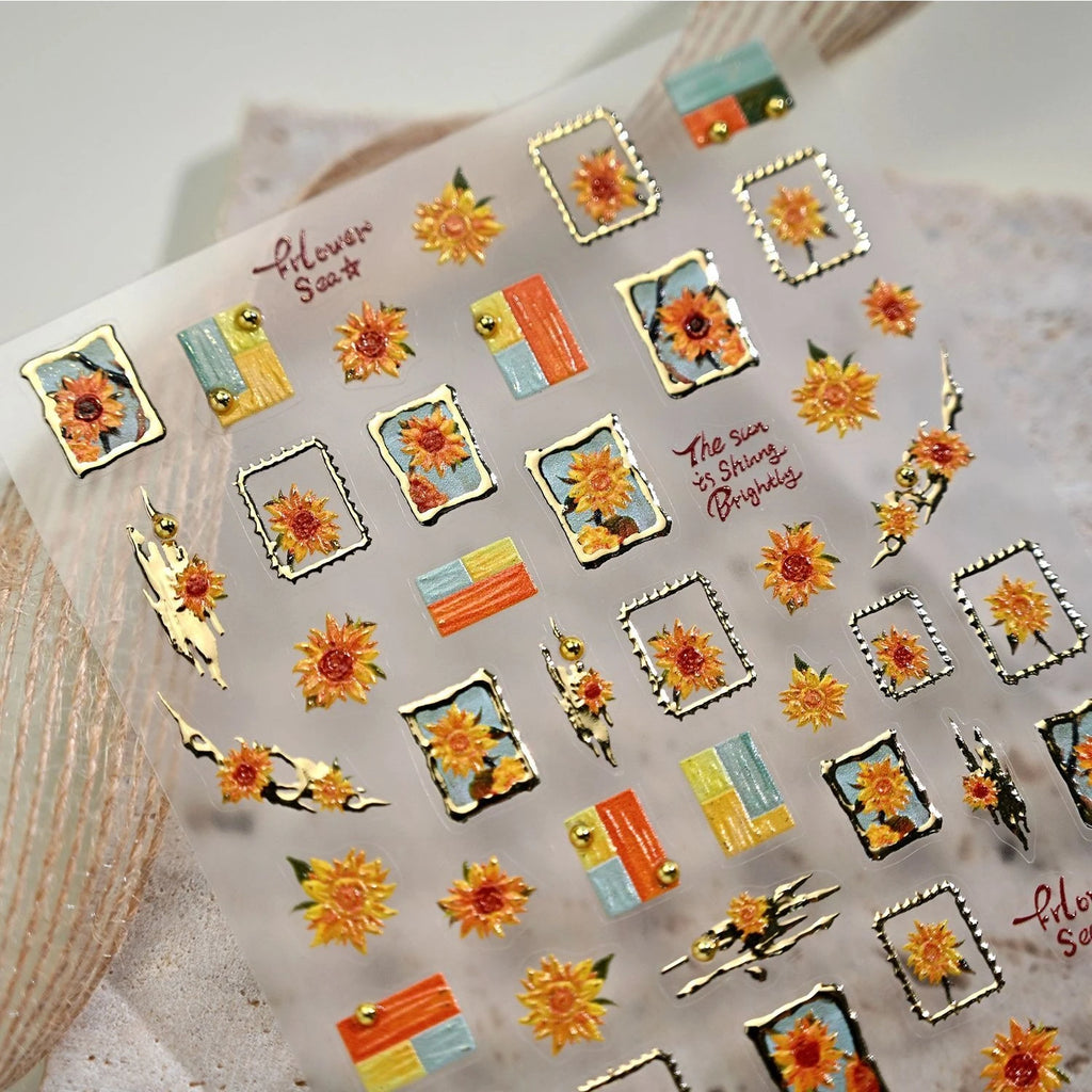 Gold Stamped Frame Oil Painting Style Sunflowers Metal Bead 3D Self Adhesive Nail Art Stickers Autumn Manicure Decals Wholesale