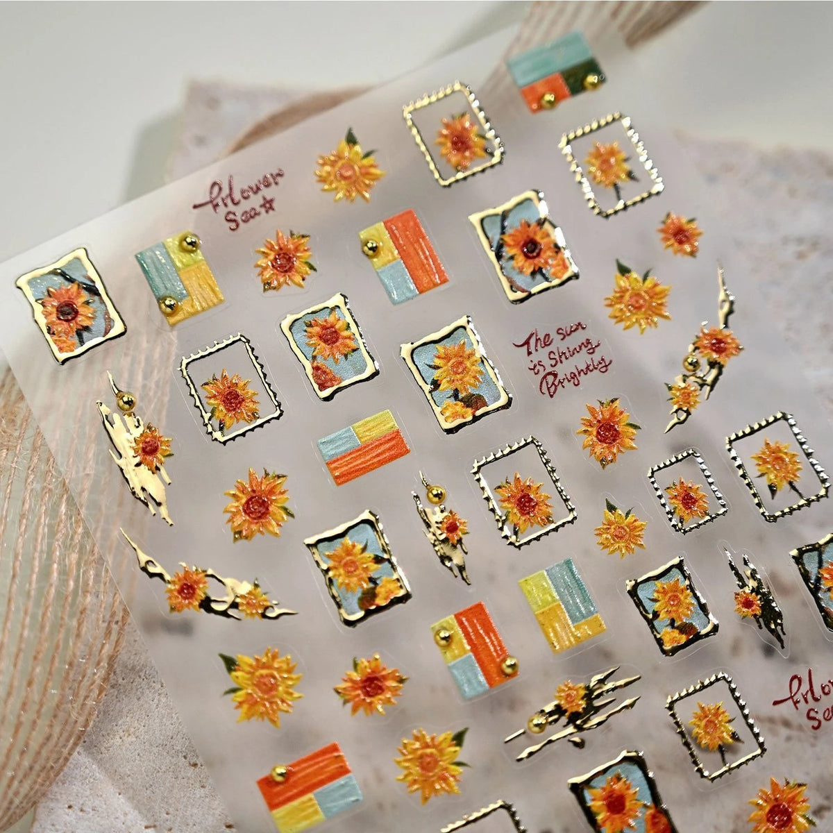 Gold Stamped Frame Oil Painting Style Sunflowers Metal Bead 3D Self Adhesive Nail Art Stickers Autumn Manicure Decals Wholesale