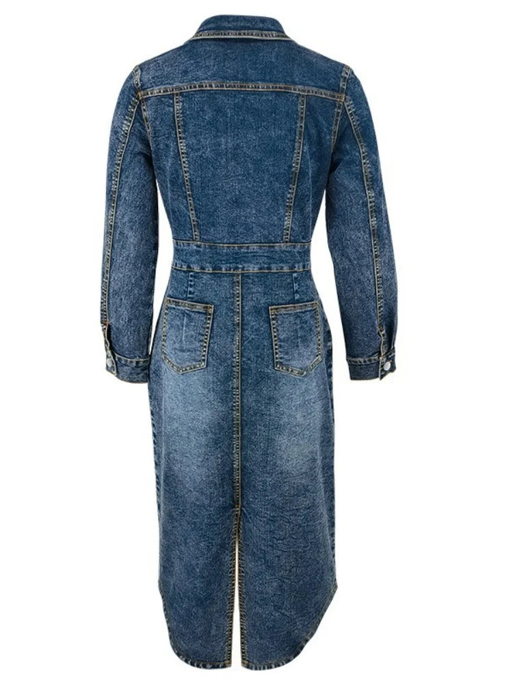 Wmstar Denim Dresses Women Long Sleeve Casual Button Pockets Maxi Dress Fall Clothes Fahion Streetwear Wholesale Dropshipping
