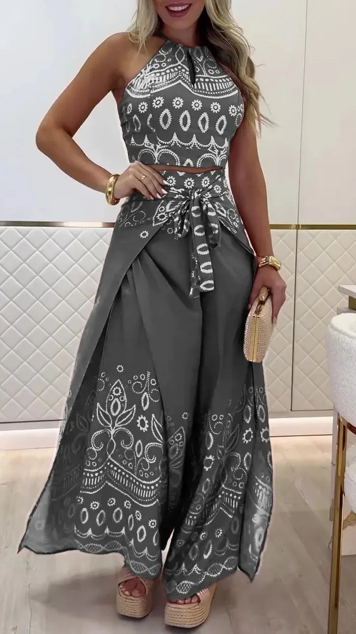 Women's Printed Sleeveless Top And Wide Leg Pants Two Piece Set Slimming Comfort Versatile Vacation Commute Ethnic Style Outfit