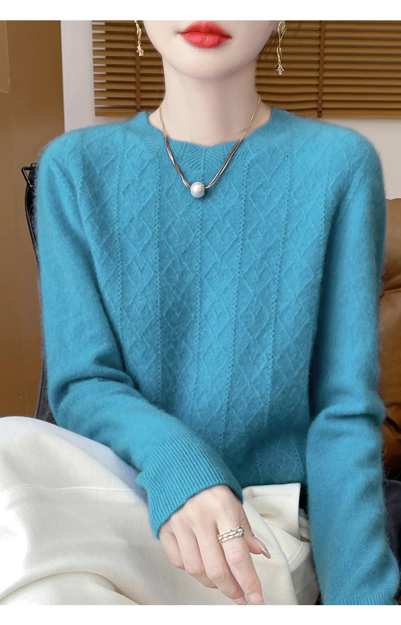 Fall/Winter 2024 New Women's Sweater 100% Pure Wool Lotus Collar Solid Color Loose Knitted Cashmere Pullover