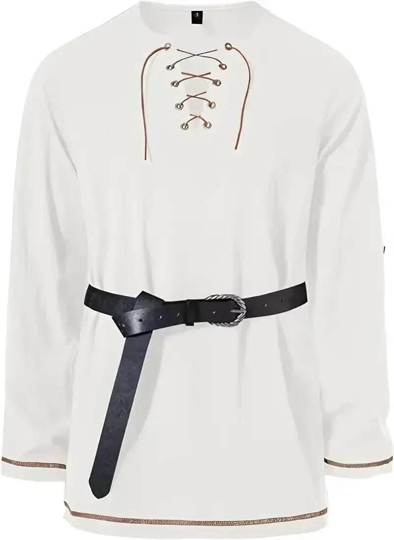 Men Medieval Lace Up Linen Long Sleeve Tunic Viking Pirate Renaissance Cosplay Shirt With Vintage Embossed Leather Belt