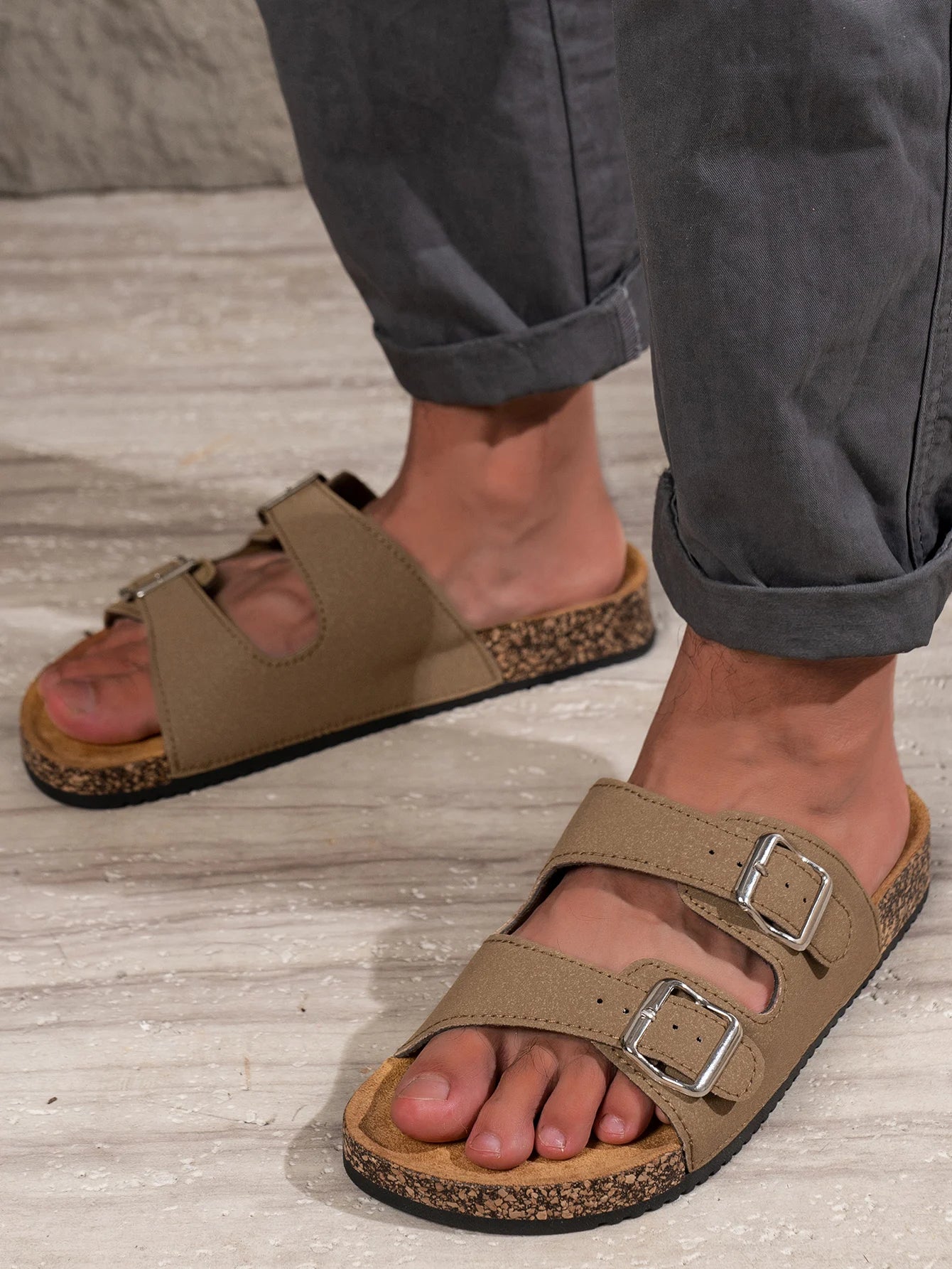 Men's Summer Simple Pu Upper Double-Bar Solid Color Flat Slip-On Sandals with Adjustable Buckle Beach Slippers