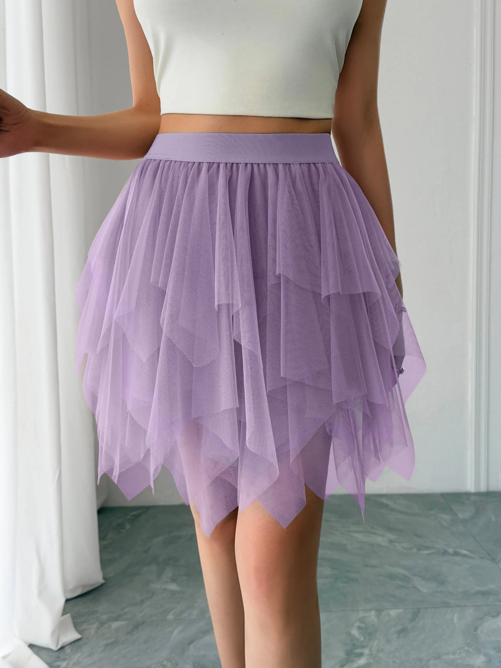 Women's mid waist chiffon mini skirt summer casual asymmetrical hem layered ruffle A-line skirt holiday sweet fairy skirt
