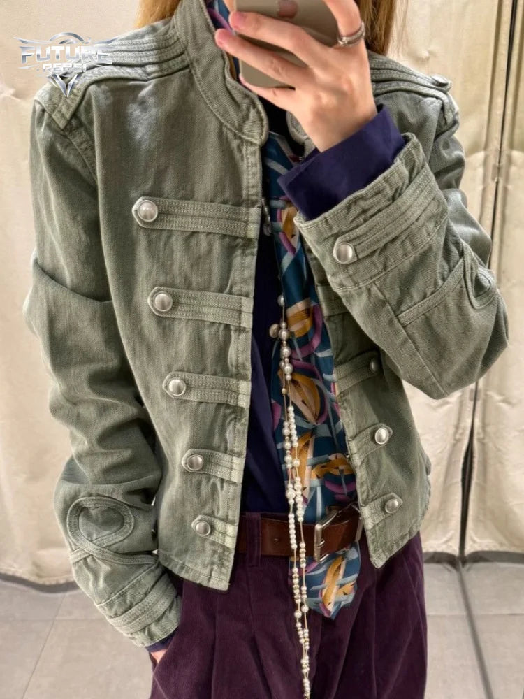 Mens Jacket Vintage Napoleon Collar Denim Coat Harajuku Unisex Loose Fit Button Detail Short Jacket Casual Streetwear Fashion