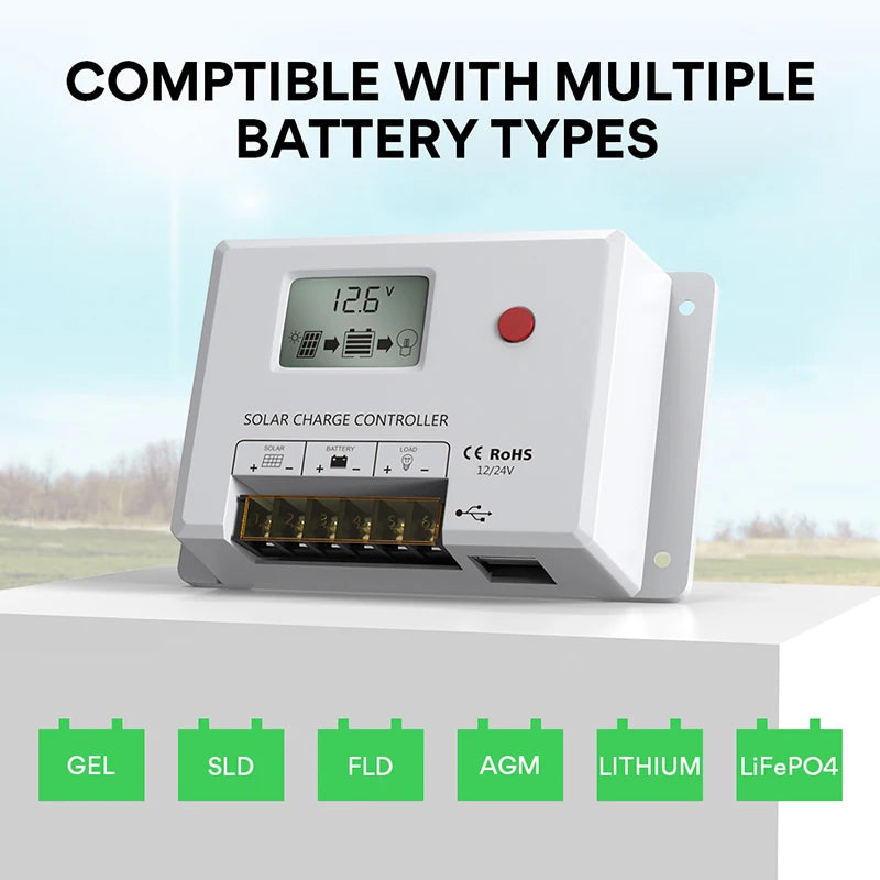 Solar Charge Controller 10A, Bateria Power 24V PWM Solar Controller with LCD Display Dual USB Multiple Load Control Modes fo