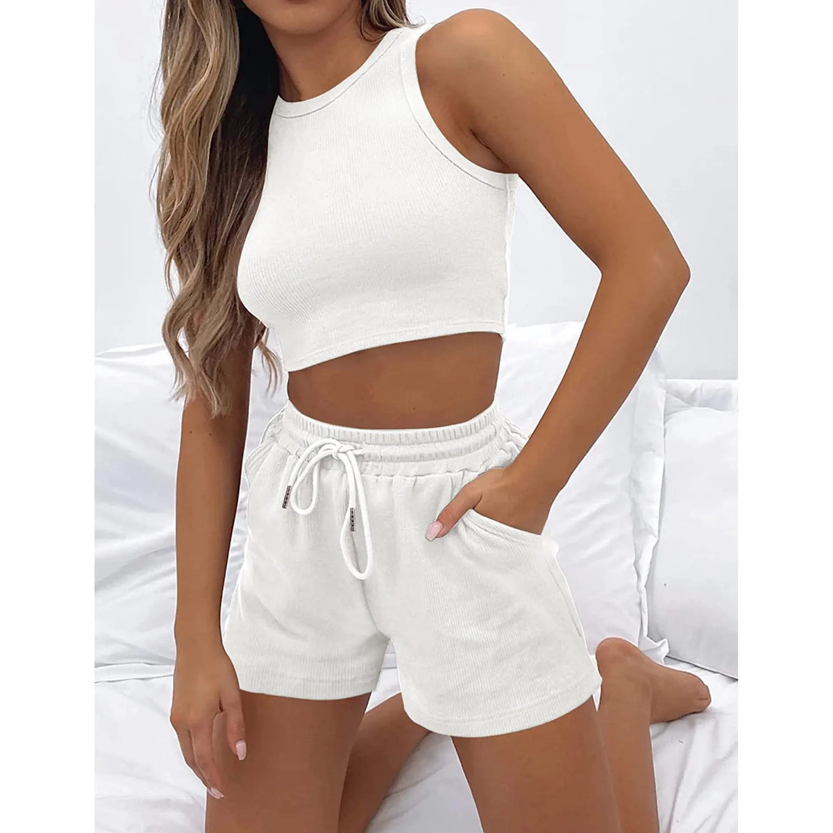 Women Shorts Outfit Solid Sleeveless Ribbed Crop Tank And Drawstring Shorts Casual Tracksuit Workout Set 2 Piece Lounge Set