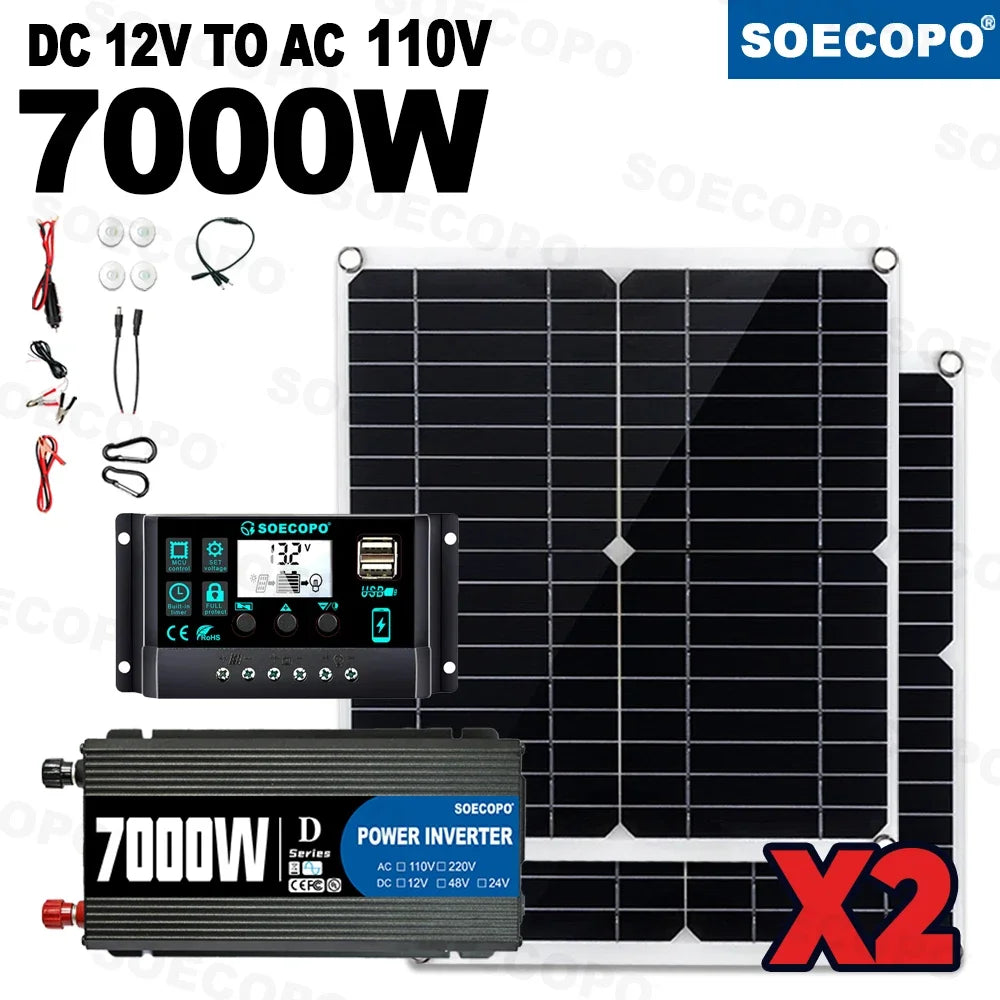 7000W Portable Solar Power Kit 600W High-Efficiency Panel + 100A Controller + 12V to 110V/220V Inverter Ideal for RV Camping