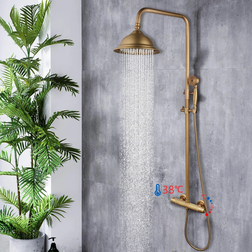 JIENI Bathroom Thermostatic Shower Faucet Set Antique Brass Wall Mounted Rainfall Shower Head W/ Single Handle Control Mixer Tap