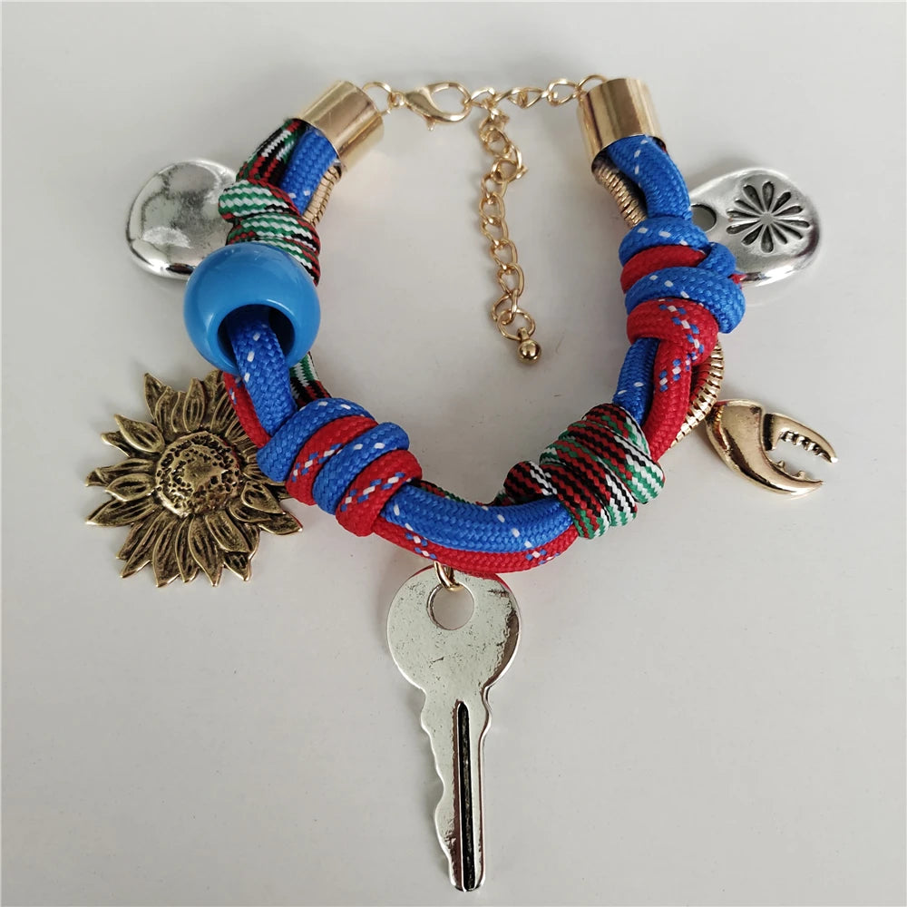 Fashion Trend Retro Sun Key Pendants Hand Woven Rope Choker Necklace Women Indian Ethnic Vintage Statement Necklace Lady Jewelry