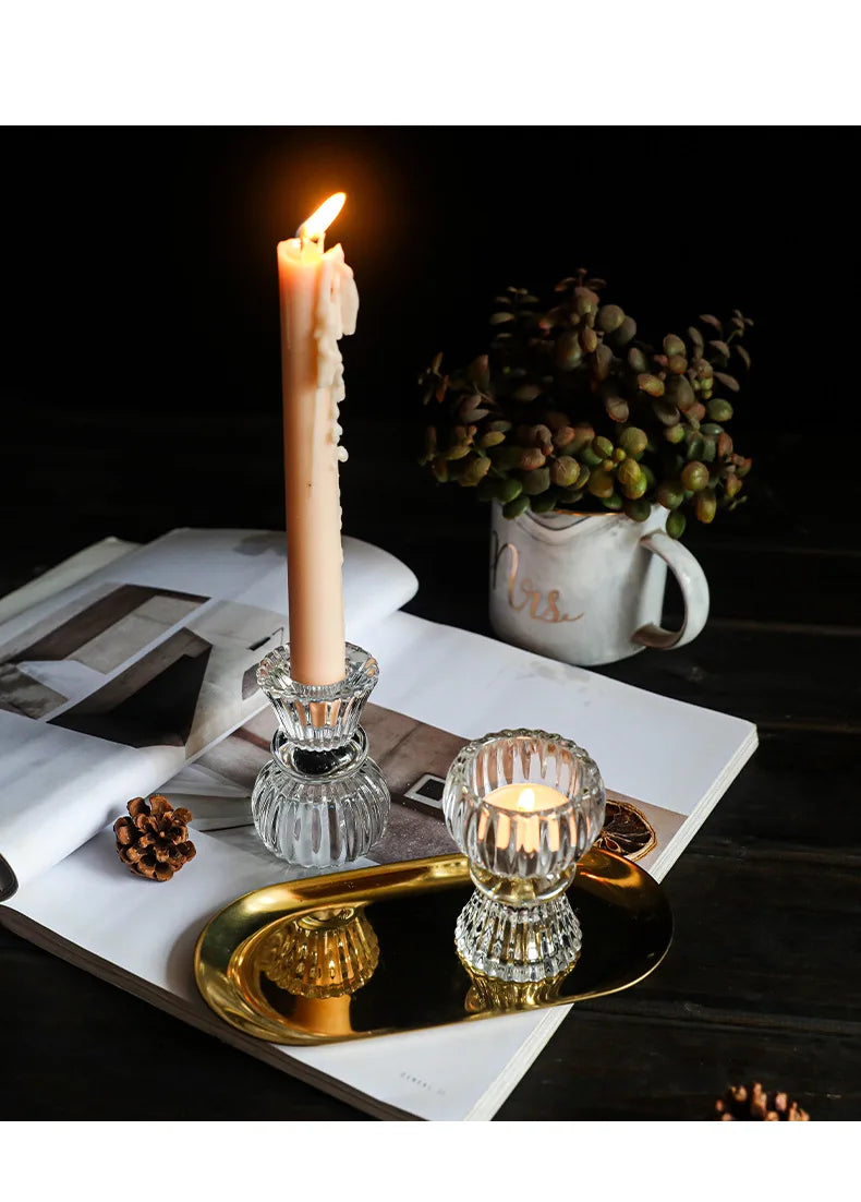 Creative Light Luxury Glass Candlestick European Retro Home Decoration Romantic Bar Skirt Double Use Candle Cup Holder Ornament