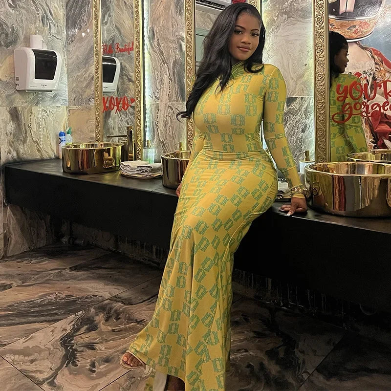 Fashionable Long Sleeve Slim Fit Print Wrap Bodycon Dress Spring Summer New Arrival Women's Clothing Cross-Border Style