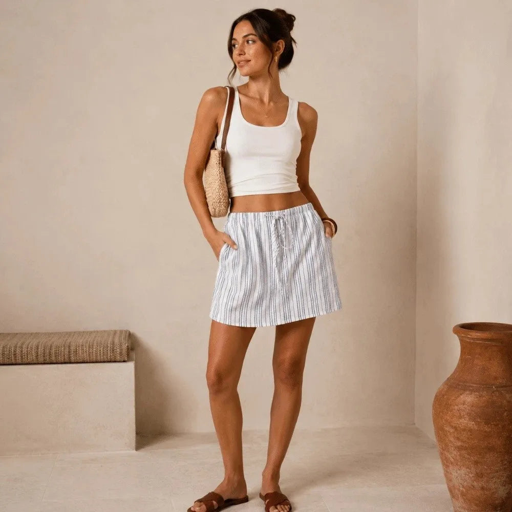 Fashion Drawstring Mini Shorts Skirt Loose Fit Striped Print Skorts Women High Waist Pocket Design Pajama Pants Casual Wear