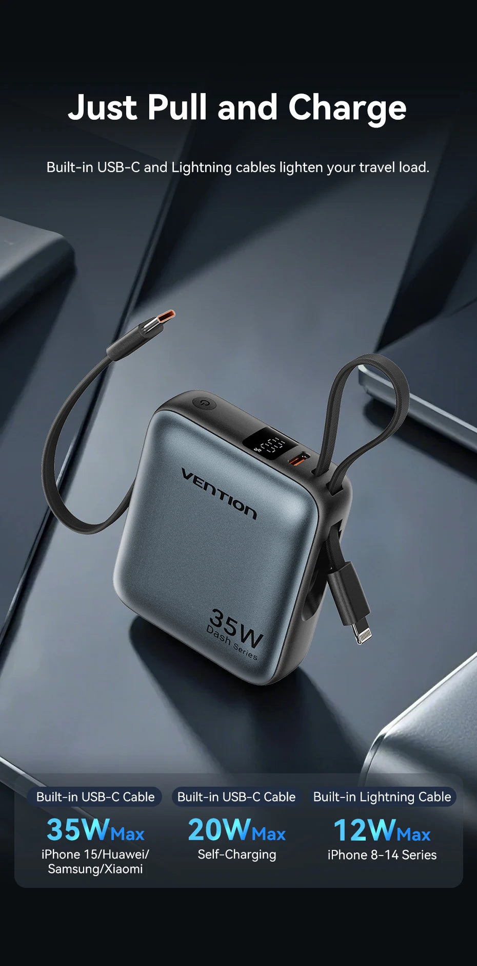 Vention 10000mAh Power Bank Fast Charging PD 35W Portable Mini PowerBank for iPhone 17 16 15 Xiaomi External Battery Charger