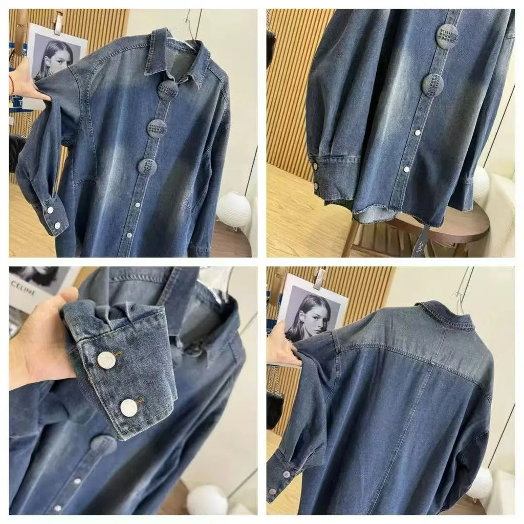 Autumn/Spring Button-down Long Sleeve Loose Fit Medium Jeans Top Casual Oversize Street Chic Washed Denim Shirt
