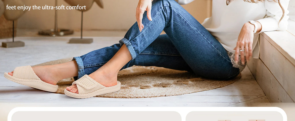 Evshine Women Fuzzy House Slippers with Arch Support Indoor Open Toe Corduroy Slides Adjustable Strap Bedroom Orthopedic Shoes