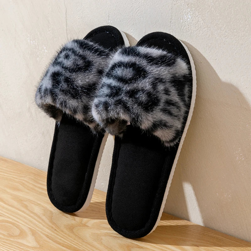 Women's Leopard Print Plush Slippers for Home, Non-Slip Sole, Soft & Comfortable Open Toe House Shoes for Bedroom Spring&Autumn