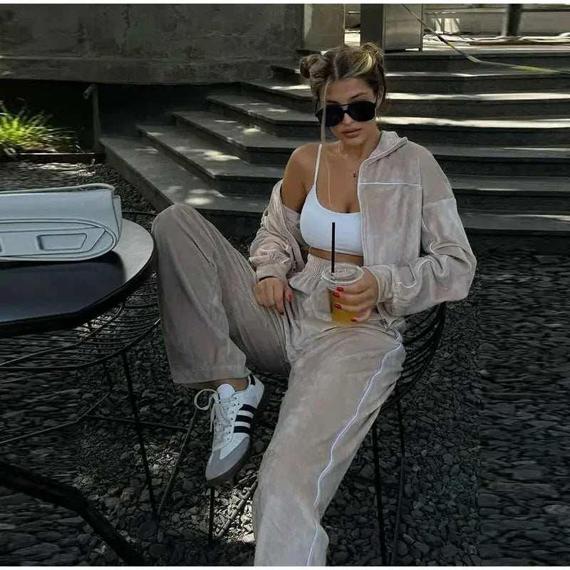 Women's Casual Solid Color Two-piece Short Stand-up Collar Jacket Wide-leg Pants 2026 Street Style Women's Clothing Set