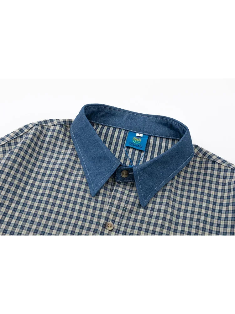 Sycpman American Style Retro Contrast Checkered Short Sleeved Shirts for Men and Women Trendy Loose Casual Shirt