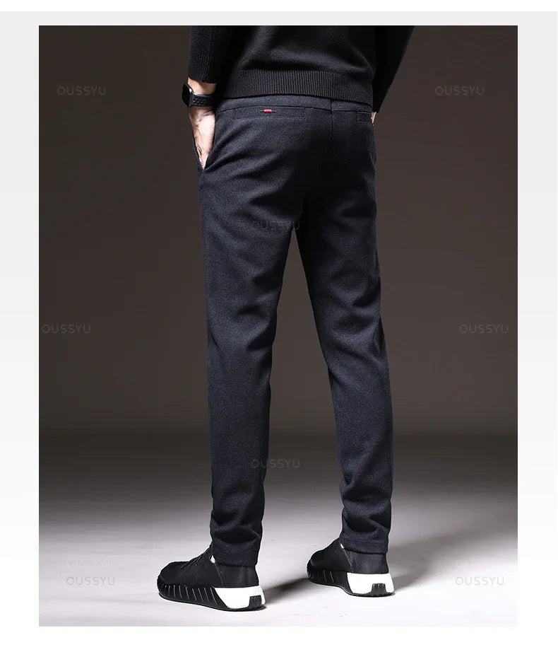Autumn  Winter New Classic Casual Pants Men Thick Business Korea Slim Fit Stretch Gray Blue Black Brushed Fabric Trousers Male