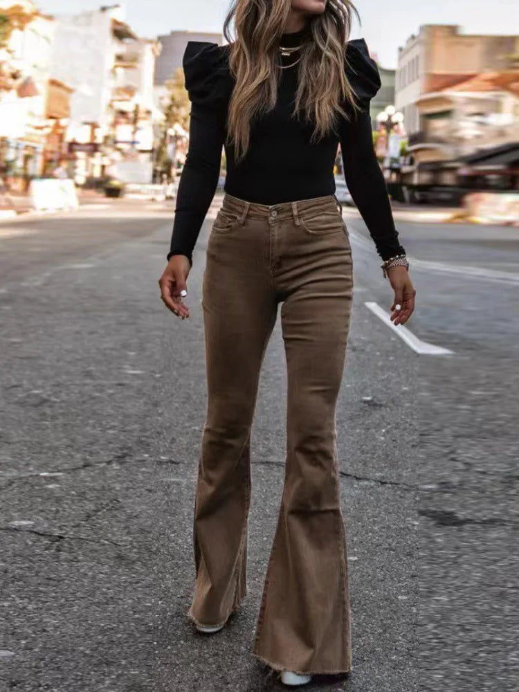 2025 Corduroy Trousers All Season Women Solid Button Fly Pocket Loungewear Slim Fit Ladies Flare Pants Streetwear Dropshipping