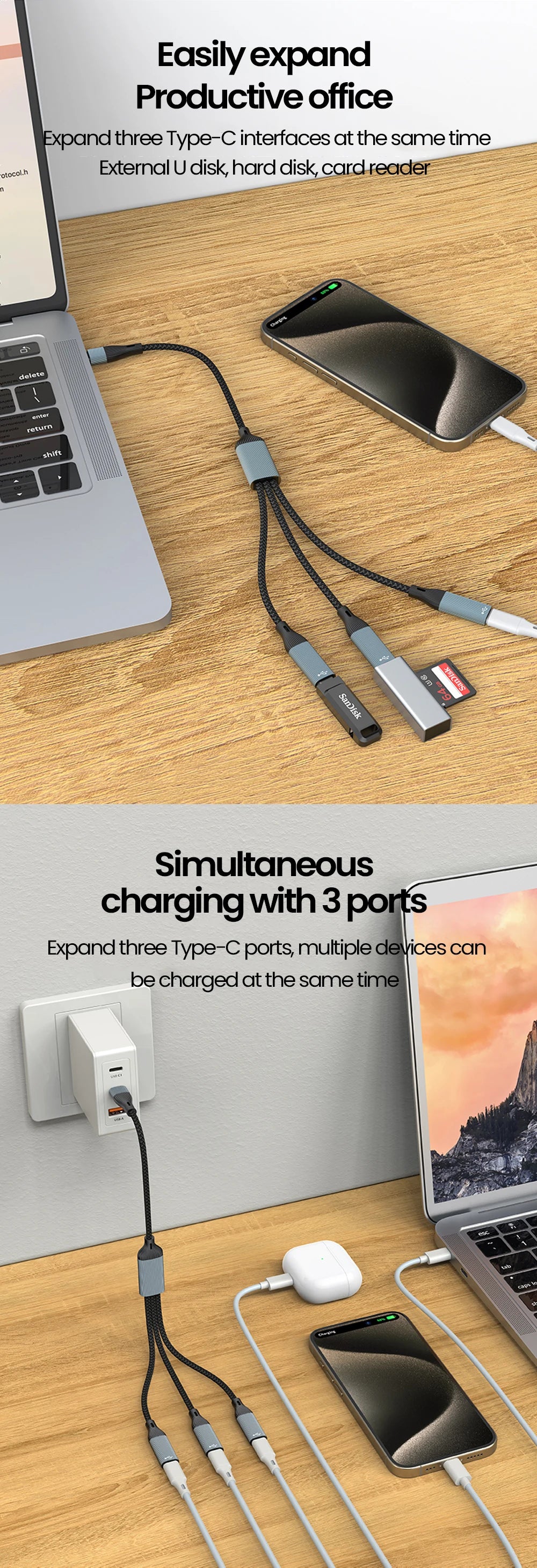 Elough USB to Type-c HUB Charging Cable Transmission Splitter Adapter OTG Computer Docking 3 in 1 Type-c Port HUB