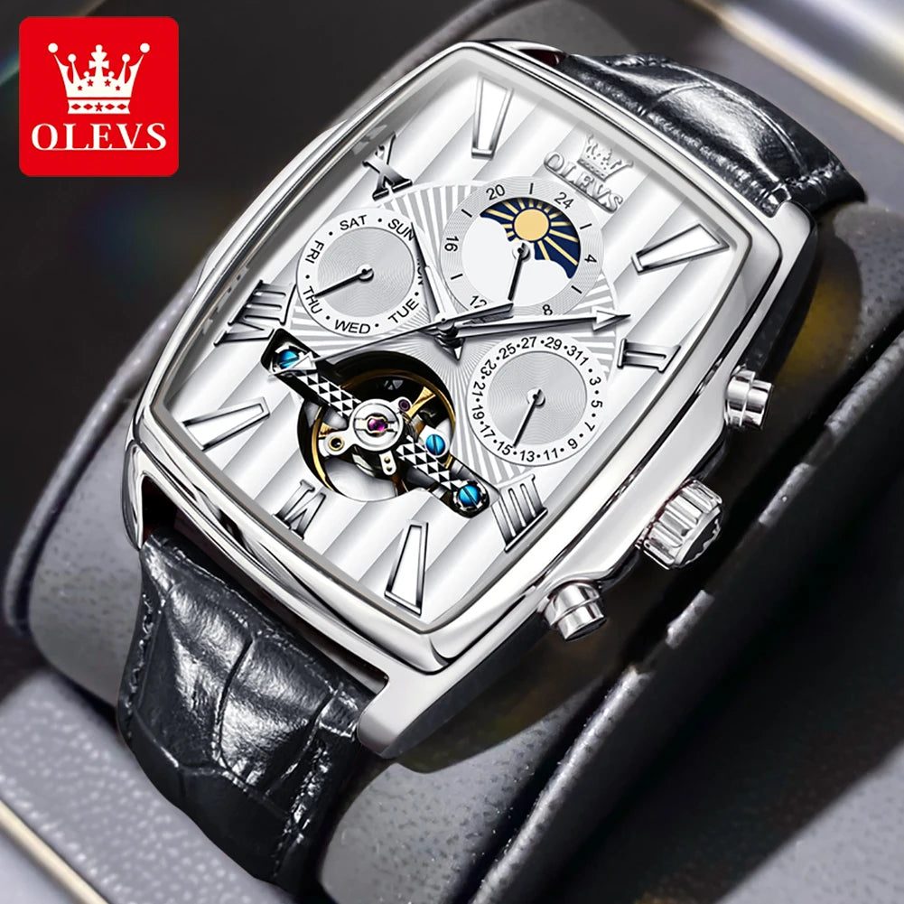 OLEVS 6675 Mens Watch Flywheel Multifunctional Chronograph Mechanical Watch Leather Strap Square Watches For Man High Quality