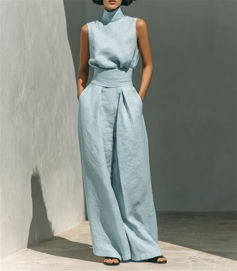 Women Summer Fashion Casual Loose Solid Suit Cotton Linen Set Sleeveless Tops Wide Leg Pants Office Ladies 2 Piece Sets 2026