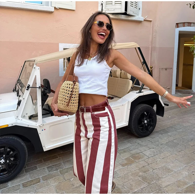 Women‘s Colorful Striped Pant New Summer Straight Multicolor Wide Leg Long Pants Casual Fashion Streetwear Female Outfit 2026