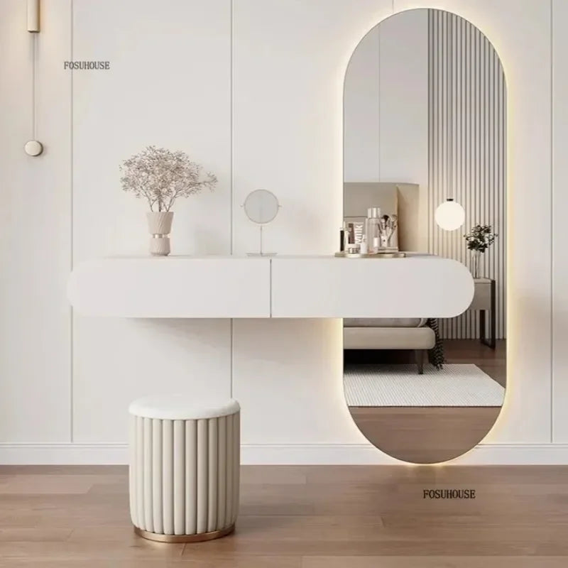 Cream Minimalist Wall Mounted Dressing Table with Mirror for Bedroom Furniture Suspended Vanity Set for Modern Home Decor