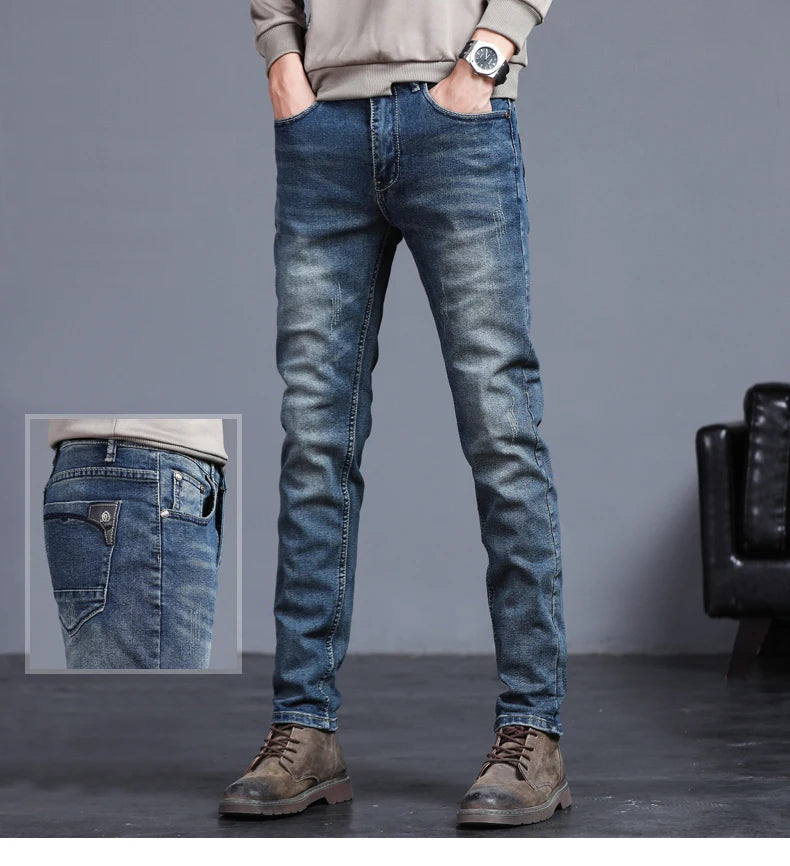 Men's Skinny Grey Jeans Fashion Casual Elastic Cotton Slim Korea Blue Biker Pencil Denim Trousers Male Hip Hop Brand Clothing