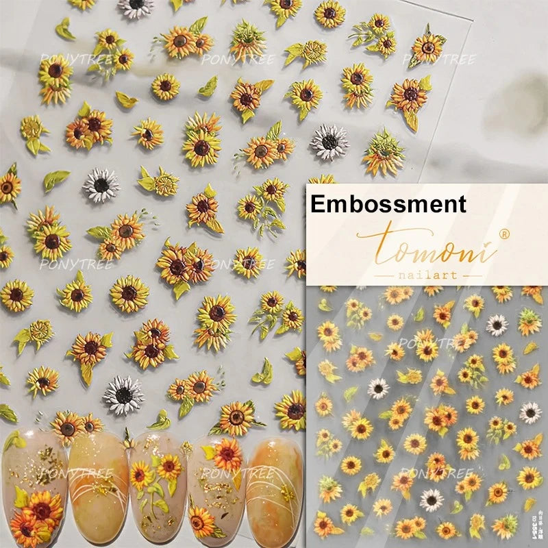 Gold Stamped Frame Oil Painting Style Sunflowers Metal Bead 3D Self Adhesive Nail Art Stickers Autumn Manicure Decals Wholesale